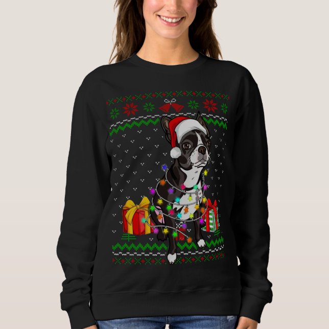Ugly Sweater Christmas Lights Boston Terrier Dog L (Front)