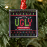 Ugly Sweater Christmas Nordic Knit Chalkboard Fun Metal Tree Decoration<br><div class="desc">“Have yourself an ugly sweater Christmas.” Help decorate your tree in “style” with this unique, fun holiday premium silver metal ornament! Nordic knit fair isle pattern of whimsical trees, reindeer, ornaments, along with playful “sweater” typography in red, green and aqua blue, overlay a chalkboard background. Feel the warmth and joy...</div>