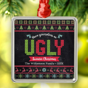 Ugly Sweater Christmas Nordic Knit Chalkboard Fun Metal Tree Decoration