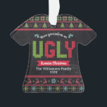Ugly Sweater Christmas Nordic Knit Name Chalkboard Ornament<br><div class="desc">“Have yourself an ugly sweater Christmas.” Help decorate your tree in “style” with this unique, fun holiday ornament! Nordic knit fair isle pattern of whimsical trees, reindeer, ornaments, along with playful “sweater” typography in red, green and aqua blue, overlay a chalkboard background. Feel the warmth and joy of the holiday...</div>
