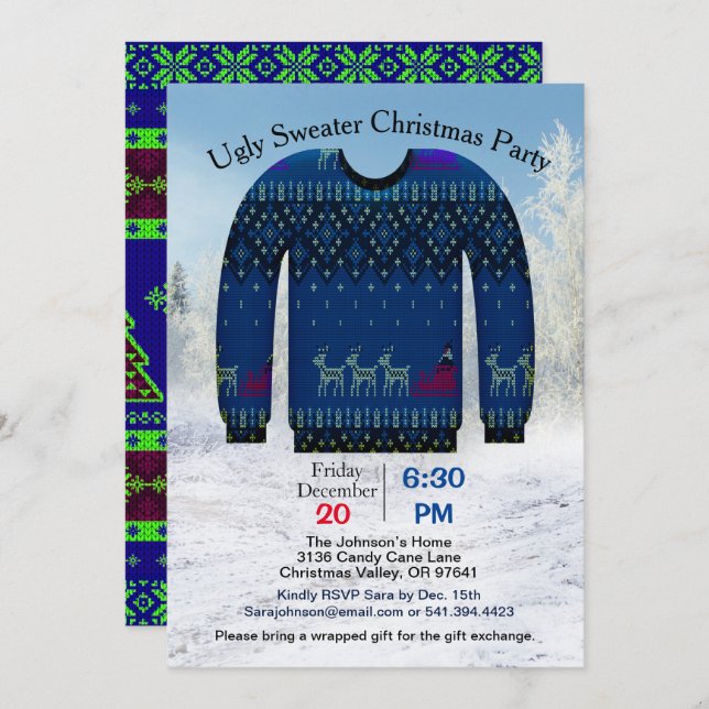 Ugly Sweater Christmas Party, Blue with Deer Invitation (Front/Back)