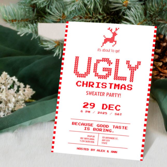 Ugly Sweater Christmas Party | Funny Pixel Knit  Invitation (Ugly Sweater Christmas Party | Funny Pixel Knit Invitation | Tis The Season Invitation)