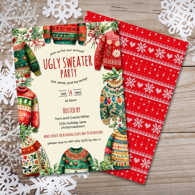Ugly Sweater Christmas Party  Invitation (Ugly Sweater Christmas Party Invitation with a variety of sweaters, handwritten font, sweater print.)