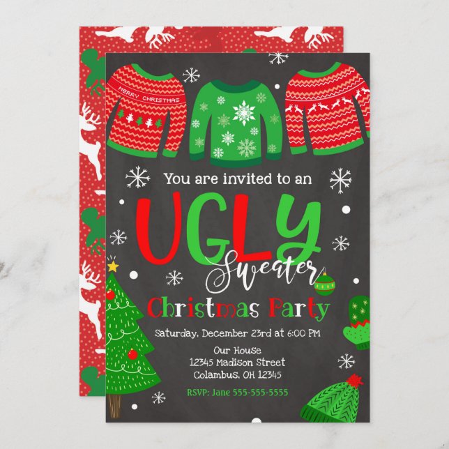 Ugly Sweater Christmas Party Invitation Chalkboard (Front/Back)