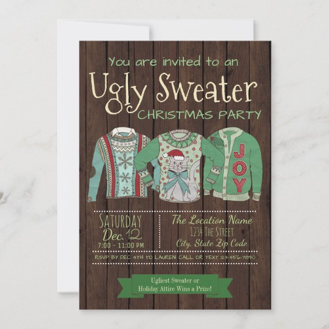 Ugly Sweater Christmas Party Invitations Rustic (Front)