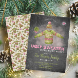 Ugly Sweater Christmas Party Pink Black Chalkboard Invitation<br><div class="desc">Ugly Sweater Christmas Party vintage inspired invitation with a knitted raspberry pink and fern green sweater,  winter hat and a lollipop over a dark grey chalkboard background with a washed pink watercolor overlay.            Sweaters,  hats and snowflakes pattern on the reverse.          Personalise it with your details!</div>