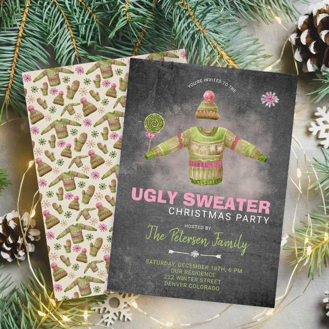 Ugly Sweater Christmas Party Pink Black Chalkboard Invitation (Creator Uploaded)