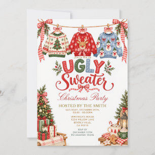 Ugly Sweater Christmas Party Red Gingham Bow Invitation