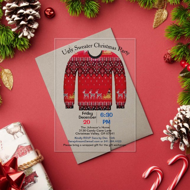Ugly Sweater Christmas Party, Red with Deer Acrylic Invitations (Insitu (Holiday))
