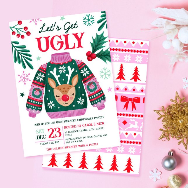 Ugly Sweater Christmas Party Reindeer and Holly Invitation (Ugly Sweater Christmas Party Reindeer and Holly Invitation)