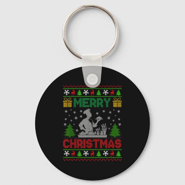 Ugly Sweater Christmas Tree Chef Cooking Job Pride Key Ring (Front)