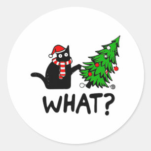 Ugly Sweater Christmas Tree Naughty Black Cat What Classic Round Sticker