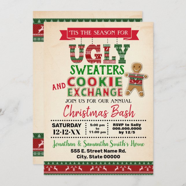 Ugly sweater & Cookie exchange Christmas bash Invitation (Front/Back)