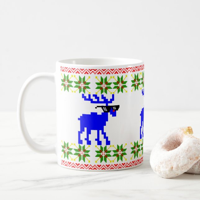 Ugly Sweater (Deal With It) Reindeer Christmas Coffee Mug (With Donut)