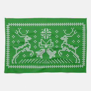 Ugly sweater jingle bells Christmas deers green Tea Towel