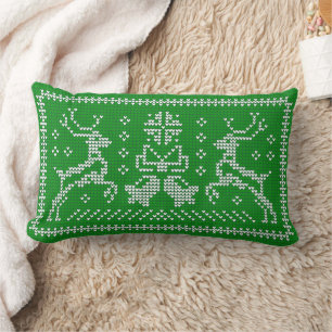 Ugly sweater jingle bells Christmas deers green To Lumbar Cushion