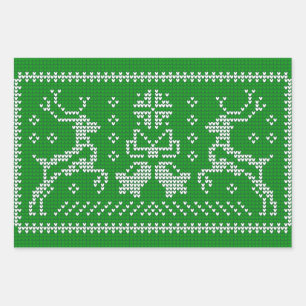 Ugly sweater jingle bells Christmas deers green Wrapping Paper Sheet