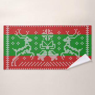 Ugly sweater jingle bells Xmas reindeers crochet Bath Towel
