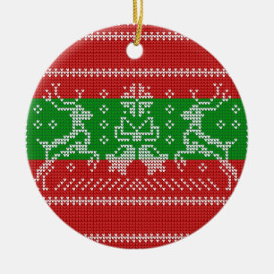 Ugly sweater jingle bells Xmas reindeers crochet Ceramic Tree Decoration