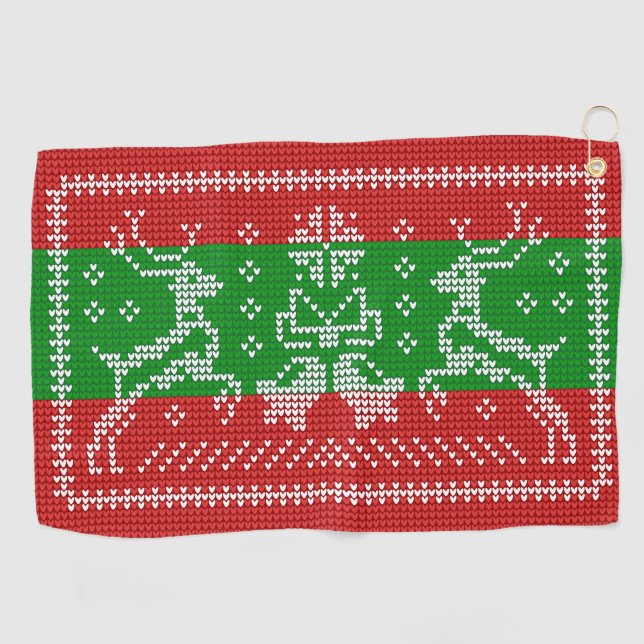 Ugly sweater jingle bells Xmas reindeers crochet Golf Towel (Horizontal)