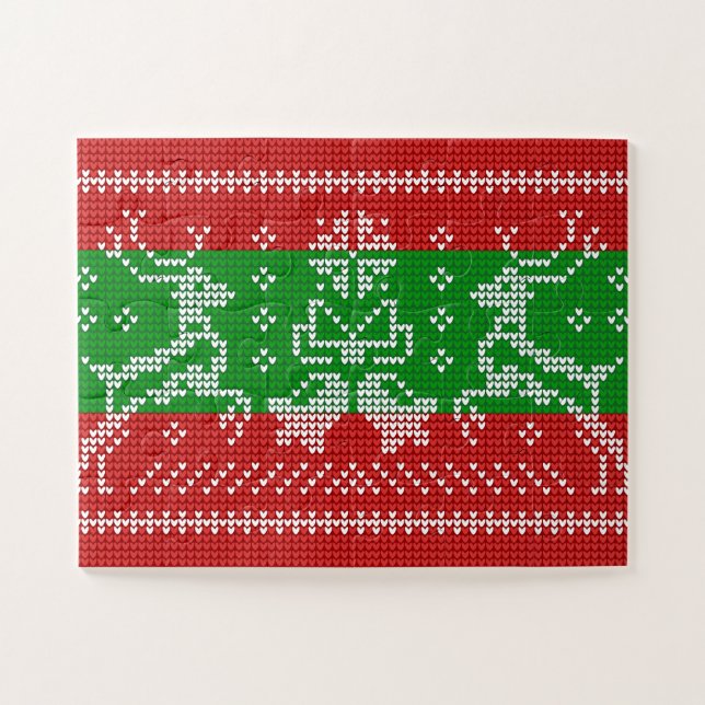 Ugly sweater jingle bells Xmas reindeers crochet Jigsaw Puzzle (Horizontal)
