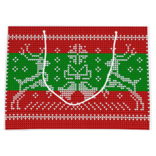 Ugly sweater jingle bells Xmas reindeers crochet Large Gift Bag