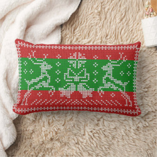 Ugly sweater jingle bells Xmas reindeers crochet Lumbar Cushion
