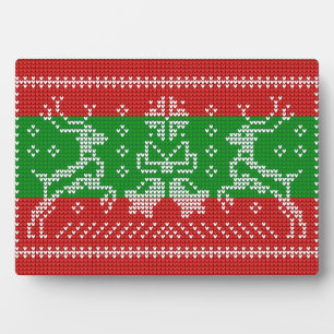 Ugly sweater jingle bells Xmas reindeers crochet Plaque