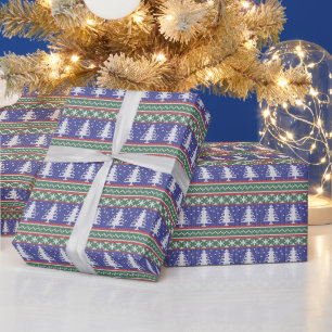 Ugly Sweater Knit Christmas Pattern   Blue Wrapping Paper