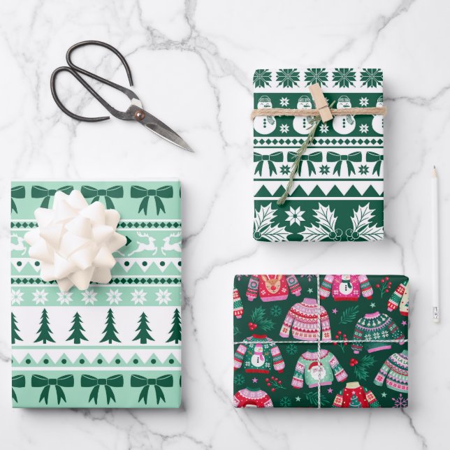 Ugly Sweater Mint and Dark Green Christmas  Wrapping Paper Sheet (Front)