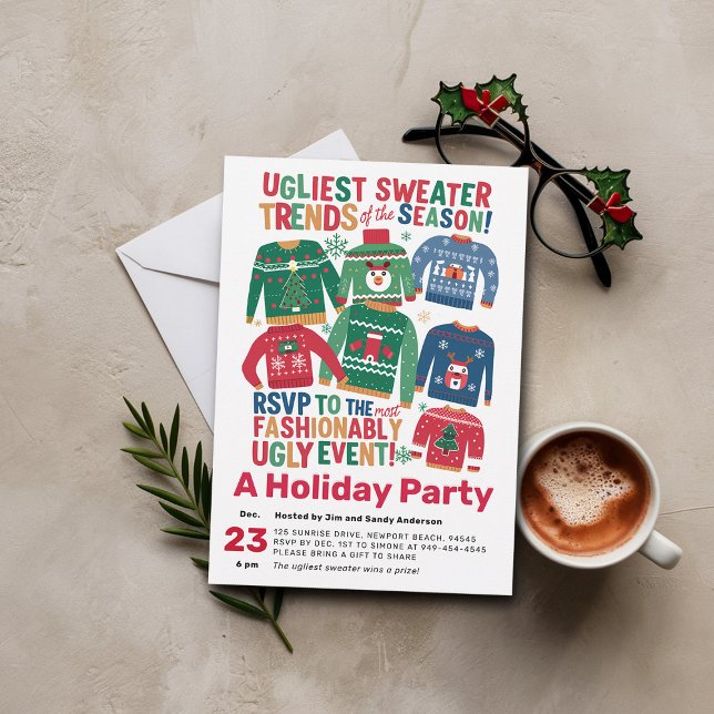 Ugly Sweater Modern Maximalist Christmas Party Invitation (christmas party invitation ugly sweater modern maximalist happy cheerful family office)