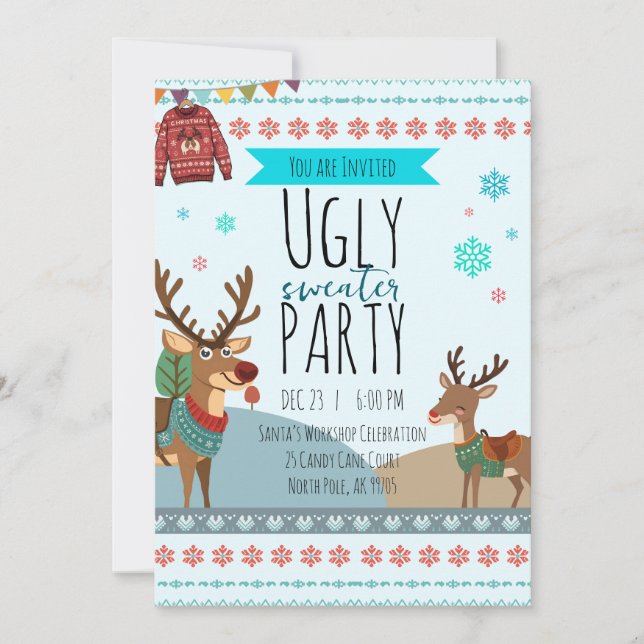 Ugly Sweater Party – Reindeer Snowflake Fun Invitation (Front)