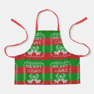 Ugly sweater pattern jingle bells Merry Xmas yarn Apron