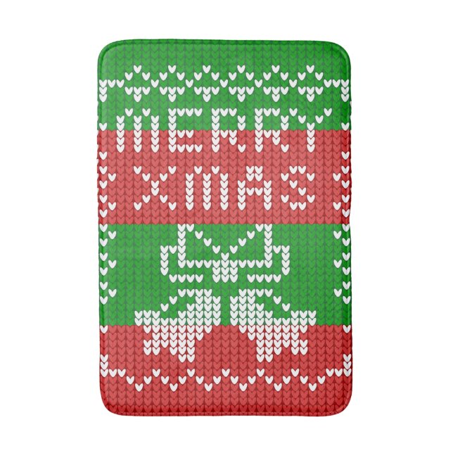 Ugly sweater pattern jingle bells Merry Xmas yarn Bath Mat (Front Vertical)