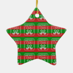 Ugly sweater pattern jingle bells Merry Xmas yarn Ceramic Tree Decoration