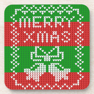 Ugly sweater pattern jingle bells Merry Xmas yarn Coaster