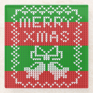 Ugly sweater pattern jingle bells Merry Xmas yarn Glass Coaster