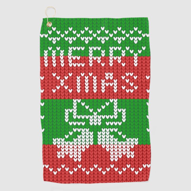 Ugly sweater pattern jingle bells Merry Xmas yarn Golf Towel (Front)