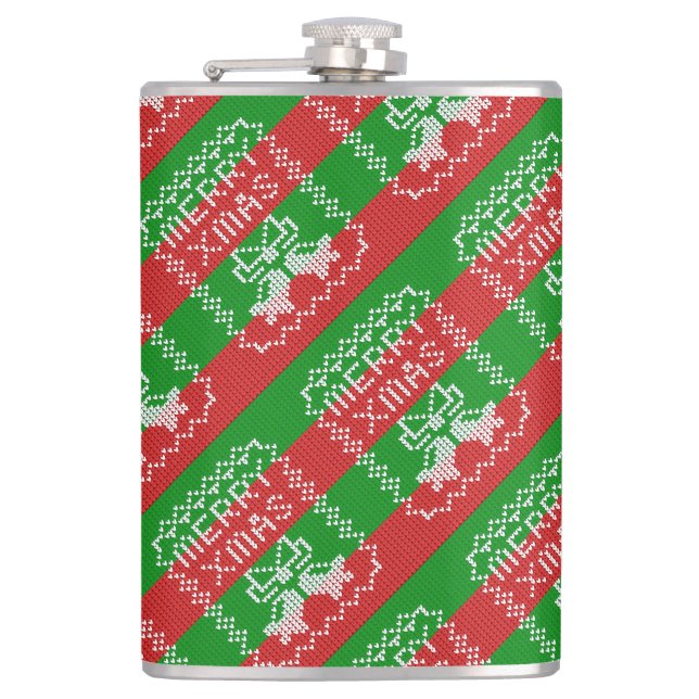 Ugly sweater pattern jingle bells Merry Xmas yarn Hip Flask (Front)