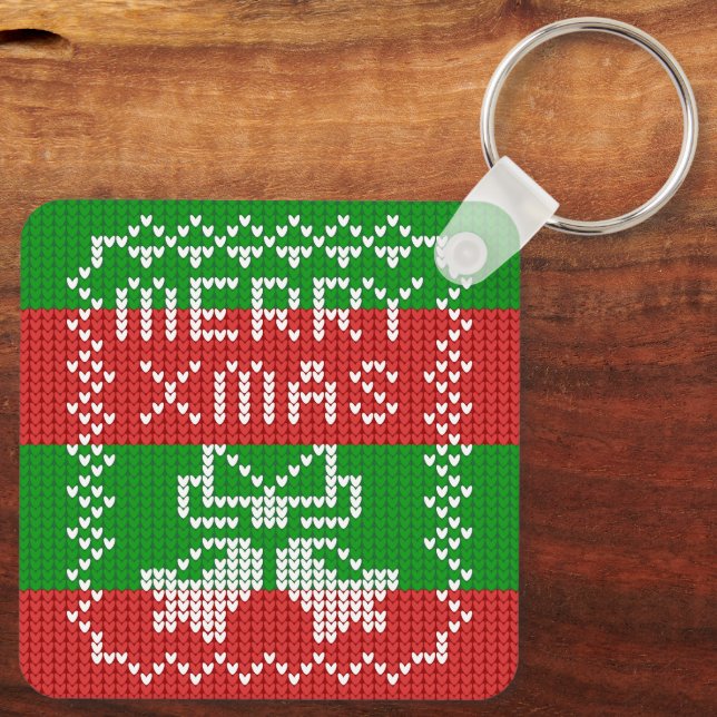 Ugly sweater pattern jingle bells Merry Xmas yarn Key Ring (Back)