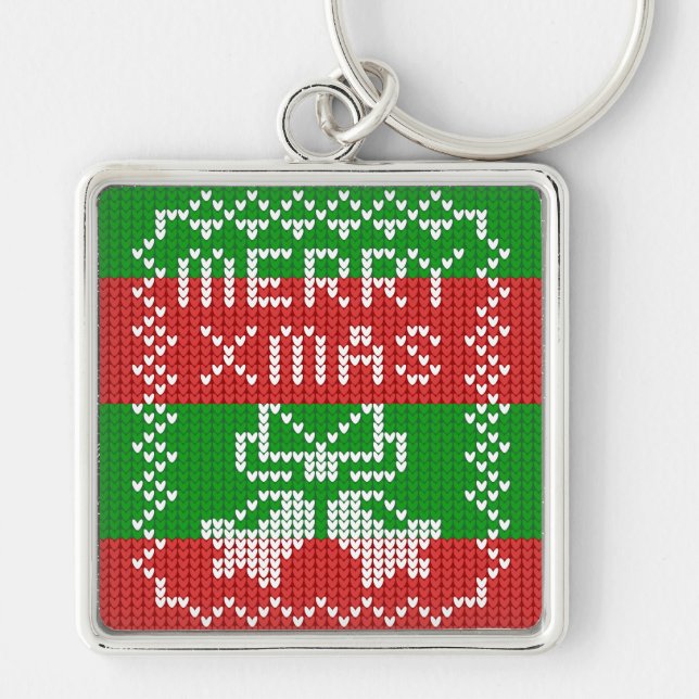 Ugly sweater pattern jingle bells Merry Xmas yarn Key Ring (Front)