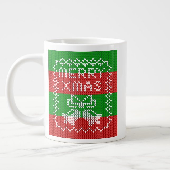 Ugly sweater pattern jingle bells Merry Xmas yarn Large Coffee Mug (Left)