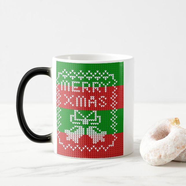 Ugly sweater pattern jingle bells Merry Xmas yarn Magic Mug (With Donut)