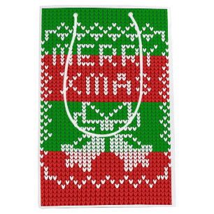 Ugly sweater pattern jingle bells Merry Xmas yarn Medium Gift Bag