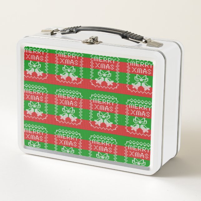 Ugly sweater pattern jingle bells Merry Xmas yarn Metal Lunch Box (Front)