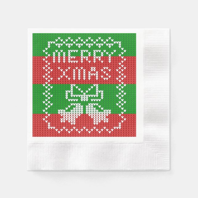 Ugly sweater pattern jingle bells Merry Xmas yarn Napkin (Front)