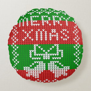 Ugly sweater pattern jingle bells Merry Xmas yarn Round Cushion