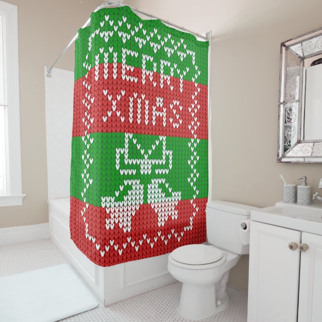Ugly sweater pattern jingle bells Merry Xmas yarn Shower Curtain (In Situ)