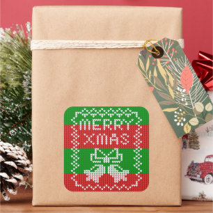 Ugly sweater pattern jingle bells Merry Xmas yarn Square Sticker