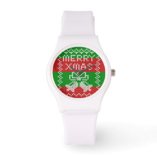 Ugly sweater pattern jingle bells Merry Xmas yarn Watch